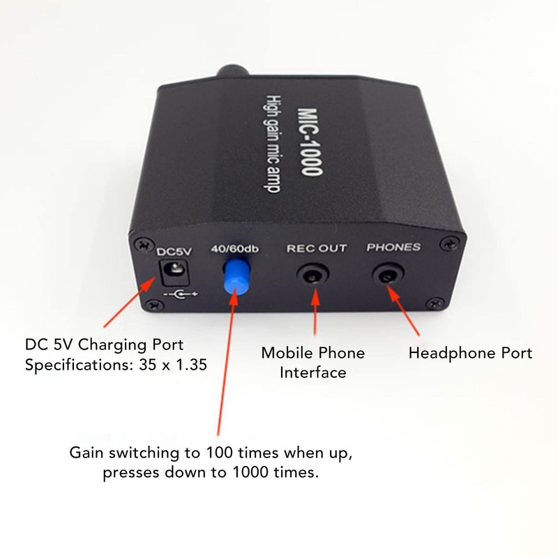 Microphone Amplifier, High Gain Microphone Audio Amplifier, 1000X Gain, Accessory