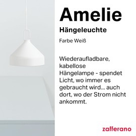 Zafferano, Amelie Sospensione Lampe, Wiederaufladbare und Kabellose Tischlampe mit Touch Control, Geeignet für den Innen- und Außenbereich, Dimmer, 2200-3000 K, Höhe 34 cm, Farbe Weiß