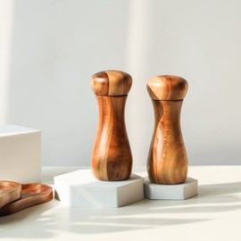 DeroTeno Salt and Pepper Mill Set with Mill Bowl, Set of 2 Salt and Pepper Mills with Ceramic Grinder Acacia Wood, Height 15.5 cm, Diameter 6 cm