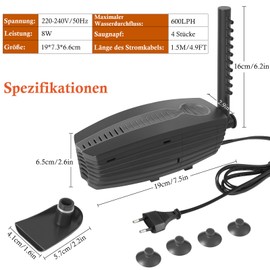 FEDOUR 600LPH Aquarium Filter with U-V, 8W Adjustable Aquarium Inner Filter, Underwater Quiet Fish Tank Filter for 30-180L Basins, with Biochemical Cotton, Activated Carbon Cotton, Ceramic Balls