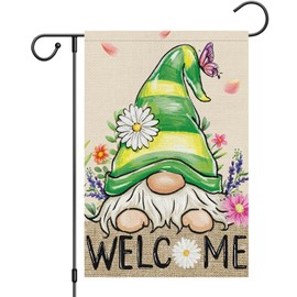 Heyfibro Welcome Spring Gnome Garden Flag 12x18 Inch Double Sided Burlap, Spring Summer Daisy Flower Butterfly Garden Flags for Seasonal Holiday Farmhouse Yard Outdoor Decor(ONLY FLAG)