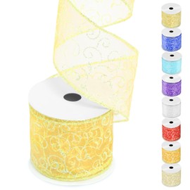 Wokape 1 Roll 2.5 Inch x 10 Yard Glitter Mesh Wired Ribbon Indoor Christmas Ribbon Organza Glitter Swirl Wired Ribbon for Christmas Home Decor, Bow Making, Wreath, DIY Crafts (Gold)
