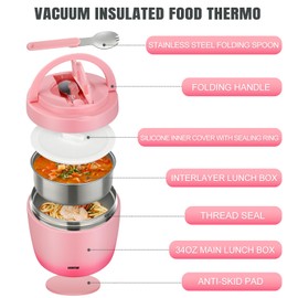 Itslife Thermal Food Container 970 ml, Thermal Bowl with Lid, Stainless Steel Warming Container with Spoon, Thermos Flask Food Leak-Proof, Thermal Lunch Box for Soups, Baby Food, Porridge, Pink
