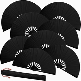 ATTRACME 8 PCS Large Chinese Folding Fans Set for Line Dance & Popping, Kung Fu Silk Hand Fans with 8PCS Fan Sleeves for Line Dancing for Men Women - Black