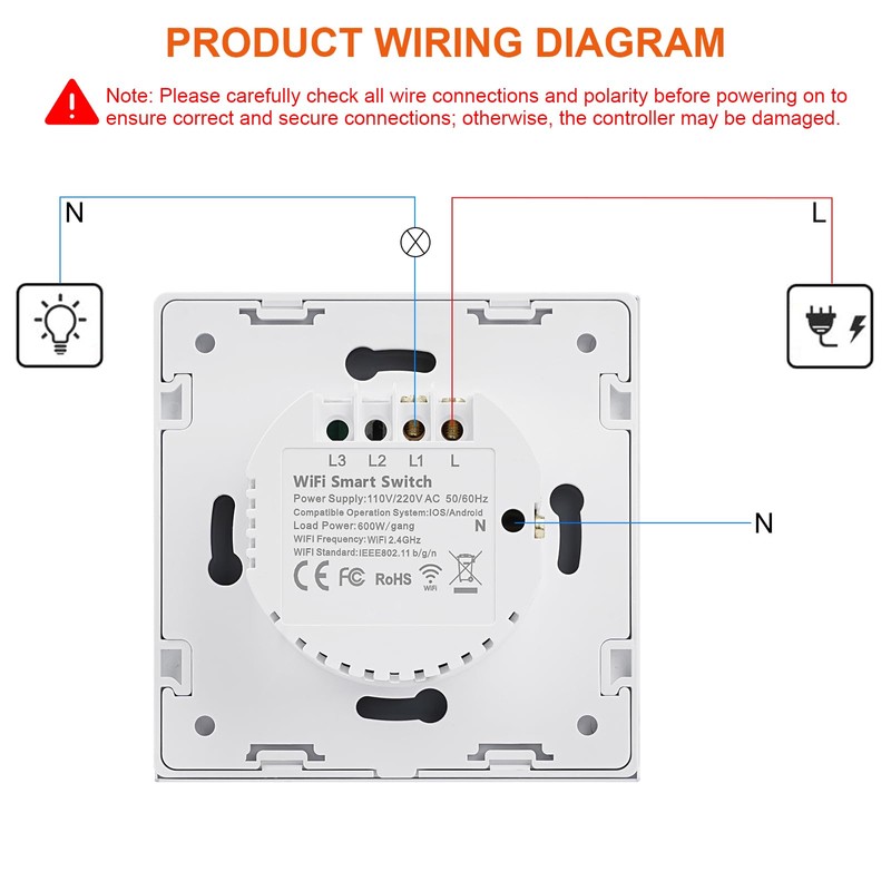 WLAN Smart Light Switch, WiFi Smart Touch Light Switch Flush-Mounted