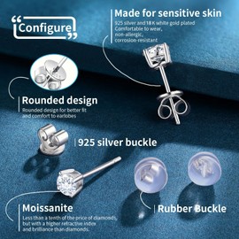 Moissanite Stud Earrings, 1.0ct each (6.5mm), Set of 2, Round Cut, D Color VVS1 Lab-Created, Hypoallergenic, S925 Sterling Silver with 18K White Gold Plating, for Men and Women