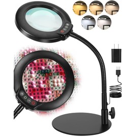12X Real Glass Magnifying Glass with Light, 5 Color Modes Stepless Dimmable, Flexible Goose-Neck LED Hands-Free Desk Lamp, Stand Lighted Magnifier for Crafts, Sewing, Reading, Painting, Close Work