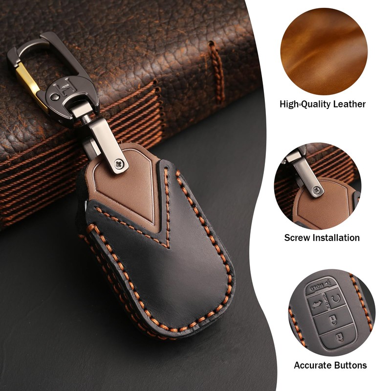 OLLEN Genuine Leather Key Fob Cover, Fit for Honda Civic