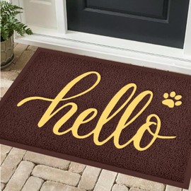 T.HENV Door Mat Outside Entrance, Waterproof Outdoor Indoor Hello Welcome Doormat, Funny Cute Dog Cat Front Door Mat for Entryway Floor, Low Profile, Patio Porch Mat, 32x20, Brown-Gold