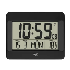 TFA Dostmann 60.4519.01 Digital Wall Radio Controlled Clock with Indoor Temperature, Day of The Week (8 Languages), Date, Time Zone Setting, Black, (L) 215 x (B) 160 x (H) 26 (68) mm