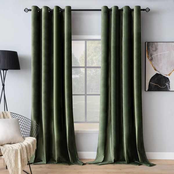 MIULEE Velvet Curtains Olive Green Extra Long Elegant Grommet Curtains Thermal Insulated Soundproof Room Darkening Curtains/Drapes for Classical Living Room Bedroom Decor 52 x 108 Inch Set of 2