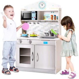 ARLIME Kids Kitchen Playset, Wooden Toy Kitchen w/ Removable Sink, Microwave, Cookware, Large Storage Cabinet, Pretend Play Kitchen for Boys Girls (Sliver)