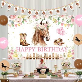 Jollyboom Horse Decoration Birthday Girl, Horse Background Happy Birthday Banner Pink Floral Bunting Balloons for Children's Birthday Parties Horse Racing Birthday Party