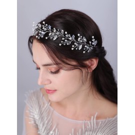 JWICOS Bride Wedding Crystal Hair Vine Pearl Bridal Hair Piece Wedding Hair Accessories Headband for Women and Girls (Silver)