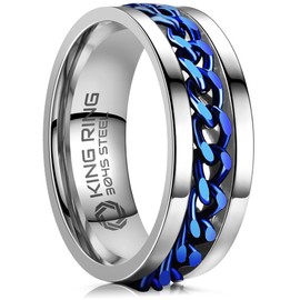 King Ring 8mm Spinner Ring – Fine Polished Flat Fidget Ring for Men & Women with Cuban Chain, Stainless Steel Ring – Silver Blue 6