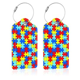 iapodiad 2 Pack Luggage Tag for Suitcase,Autism Awareness PU Leather Suitcase Tags Identifiers with Privacy Name Address Labels and Steel Loop for Women Men Travel