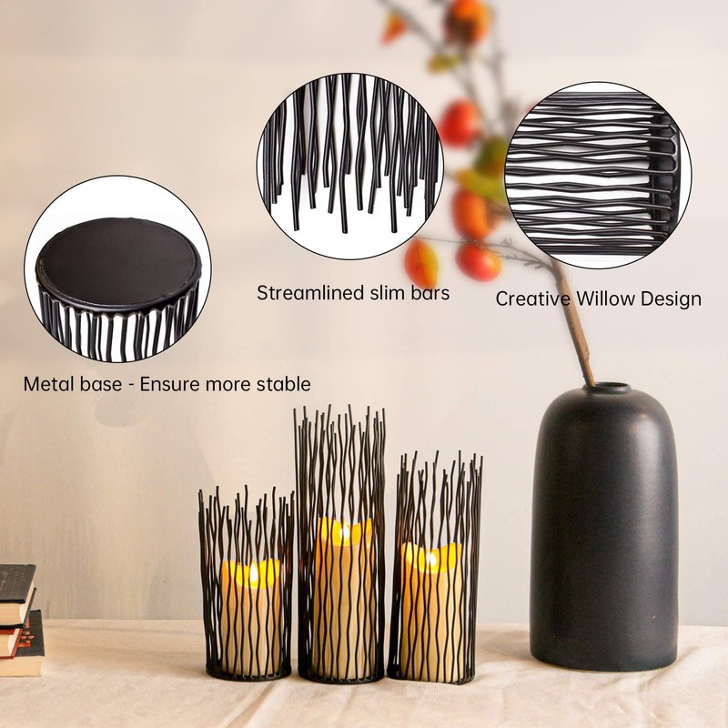 Black Metal Wire Willow Pillar Candleholder Set, Creative Hollow Geometric