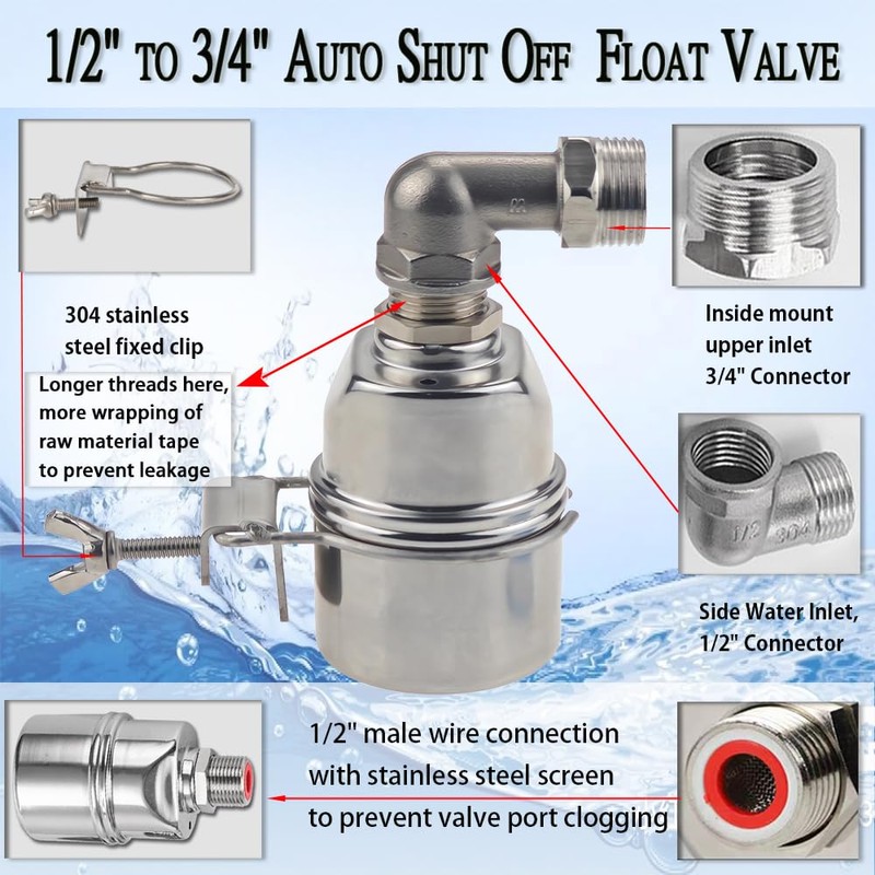Automatic Water Level Control Valve, 3/4 to 1/2 Inch Float