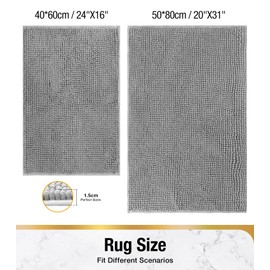 HITSLAM Chenille Bath Mat, Non Slip Bathroom Mat, Super Absorbent Bath Mats for Bathroom, Quick Dry Bath Rug, Machine Washable Rugs for Shower and Tub Floors, Ultra Soft on Feet, 50x80cm, Grey