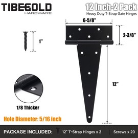 TIBEGOLD 12 Inch T-Strap Gate Hinges, Heavy Duty Shed Door Hinges, Black Tee Hinges for Wooden Fences, Yard Gates, Rustproof Wrought Iron Hardware, 2 Pack