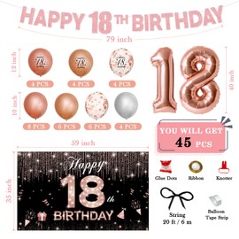 PHXEY 45pcs 18th Birthday Decorations for Girls - 18th Birthday Fabric Backdrop Banner Photo Props Rose Gold - 18th Birthday Foil Balloons Letter Banner, 18 Number Balloons - Birthday Decor Kit