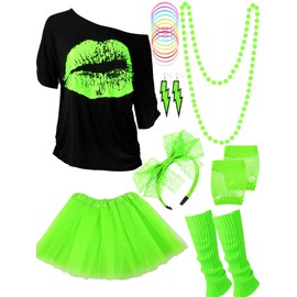 Blulu '80s Costume Accessory for Women Set, T-shirt Lip Print Adult Tutu Skirt Lace Headband Neon Earrings Necklace Leg Warmers Fishnet Gloves Bracelet, XS, Fluorescent green