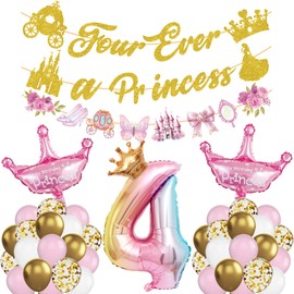SYUCVQI Four Ever a Princess Birthday Decorations, Princess 4th Birthday Party Supplies - Balloons, Banner Garland, Number 4 Pink Crown Foil Balloons for 4 Year Old Girl Birthda Party Decor