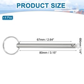 QUARKZMAN Quick Release Pins, Diameter 1/4 Inch (6 mm) Usable Length 2.64 Inches (67 mm) Total Length 4.02 Inches (102 mm) Bimini Top Pins Marine Hardware Carbon Steel for Boat Accessories, Pack of 4