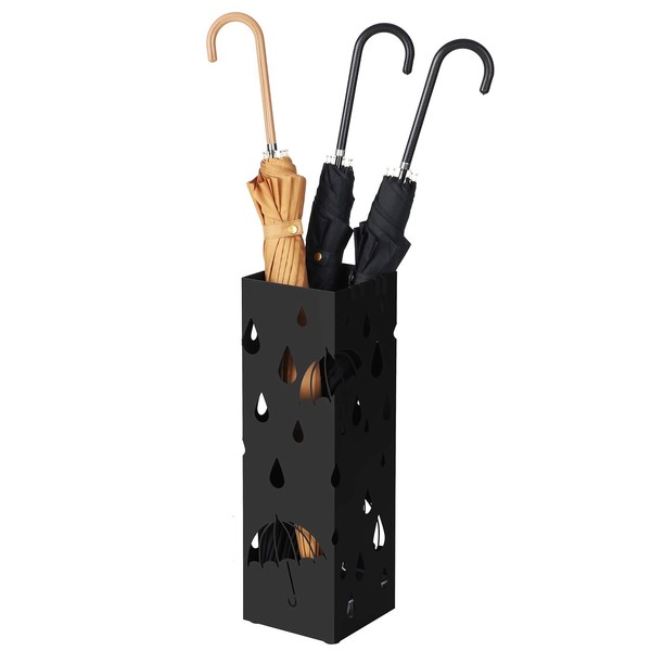 SONGMICS Umbrella Stand, Metal Square Umbrella Holder for Entryway, with Water Tray and 4 Hooks, 6.1 x 6.1 x 19.3 Inches, Black ULUC49B