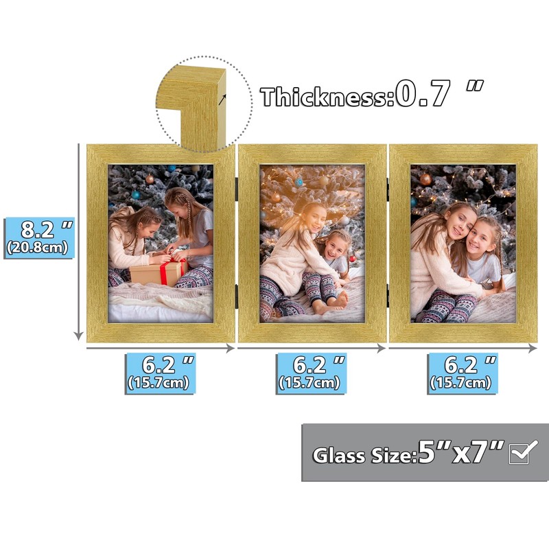 Frametory 5x7 Triple Picture Frames, Trifold Photos Frame Collage, Hinged