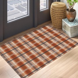 Fall Plaid Doormat Autumn Burnt Orange Buffalo Check Area Rugs 2x3 Farmhouse Thanksgiving Holiday Decorative Front Door Mat Washable Small Rugs for Entryway Bedroom Bathroom Laundry