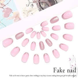 Vatocu Oval French False Nails Short Pink Glitter Fake Nails Bling Press on Nails Acrylic Stick on Nails for Women and Girls (24pcs）
