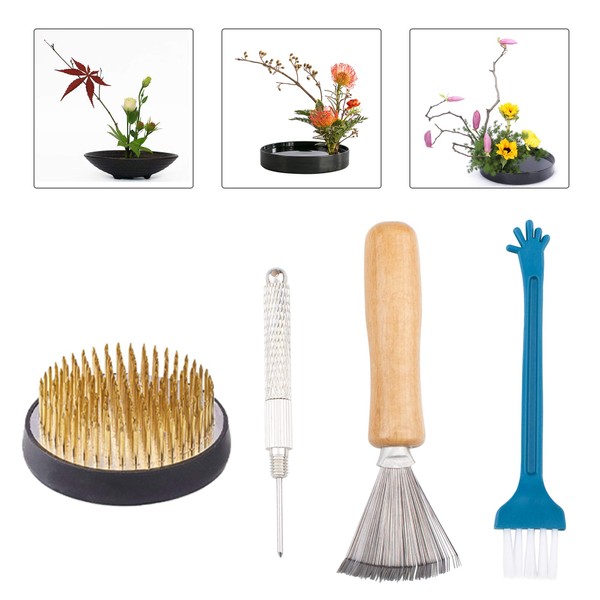 WANDIC Ikebana Flower Frog Set, 4 Pieces, Round Flower Holder & Needle Straightening Tool & Cleaning Brushes for Flower Arrangement Art