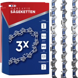 GARLAVIE Set of 3 Chainsaw Chain 10 Inch (25 cm) - 3/8 Inch LP, 1.1 mm, 40 Drive Links - Replacement Chain Compatible with Makita DUC254 & Oregon 90PX040X - High Quality Chainsaw Chain for Cordless