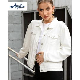 Argstar Women's Denim Jean Jackets Button Up Long Sleeve Basic Trendy Stretch Trucker Jacket White S