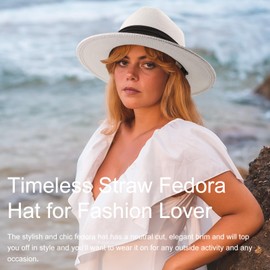 AQOKKA Summer Straw Fedora Hat for Women Men Travel Panama Hat with Wide Brim Roll Up Sun Hat for Beach Outdoor UPF 50+