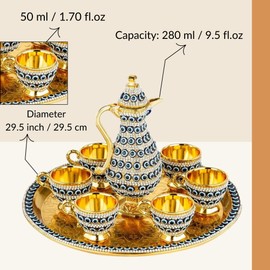 Turkish Coffee Tea Zamzam Water Serving of 6 with Cup Serving Tray Pot Set | Steel Serving Tray, Pitcher and 6 Cups (280 ML / 9,5 Oz, Evil Eye and Zirconia, Gold Color)