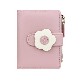 AdiStylinno Small Wallets for Women, Cute Flowers Print Wallet Fashion Bifold Purse Card Holder Leather Wallet with ID Window and Zipper Coin Pocket (Pink)