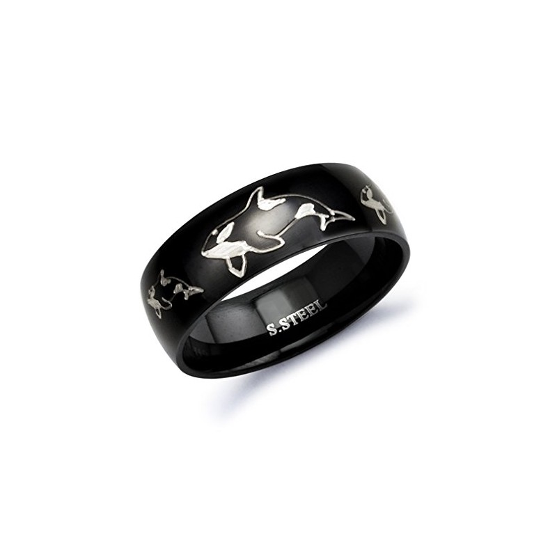 8mm Black Plated Stainless Steel Ring with Engraved Orca Killer