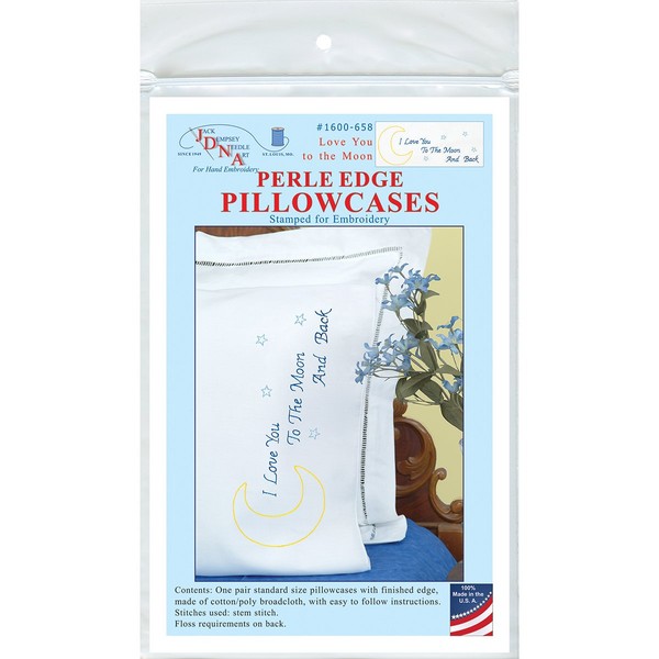 Jack Dempsey Needle Art 1600 658 Jack Dempsey Stamped Pillowcases W/White Perle Edge 2/Pkg-Love You to The Moon, Standard