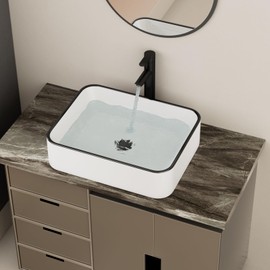 GHOMEG 19 Inch Bathroom Vessel Sink Rectangular 19x15 Above Counter Porcelain Sink White with Black Trim White Bathroom Sink Rectangle Large Washing Basin