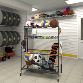 WALMANN Garage Sports Equipment Organizer, Ball Storage Rack Indoor/Outdoor Kids Toys Storage Organizer Bins, Rolling Ball Cart with Baskets and Wheels
