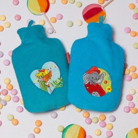 Hugo Frosch Benjamin Blümchen Children's Eco Hot Water Bottle 0.8 L with Corduroy Cover Turquoise