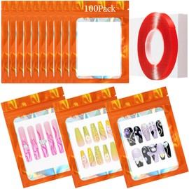 100PCS Empty Solid Orange Holographic Nail Storage Bag Press on Nail Packaging Bag and 100PCS Shiny white cardboard Nail Tips Packaging Bags with 1 Roll Transparent Tape