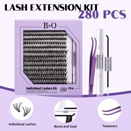 B&Q Wispy Cluster Lashes Kit 280PCS D Curl 40D Mixed 9-16mm Natural Eyelash Clusters with Bond & Seal Lash Glue, Tweezers, Reusable DIY Extensions for Beginners​