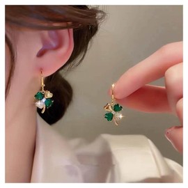 Allereya Vintage Crystal Emerald Flower Dangle Earrings Rhinestone Flower Hoop Earrings Sparkly Cz Flower Drop Earrings Gold Hoop Huggie Earrings Jewelry for Women and Girls