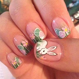 24Pcs Press on Nails Easter Short Square Fake Nails Nude Pink Stick on Nails Flower Spring False Nails Reusable Acrylic Easter Eggs Nails Full Cover Glue on Nails for Women Manicure Art