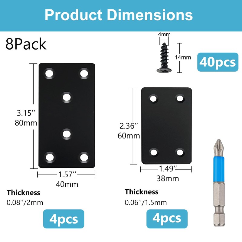 QSJ 8 Pack Black Flat Mending Plate 3.15x1.57‘’ & 2.36x1.49'',