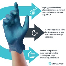 Unigloves Unicare Blue Vinyl Single Use Gloves - Multipurpose, Lightly Powdered, Latex Free, Disposable Gloves - Box of 100 Gloves, Blue, Small (GS0092)