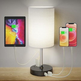 ALACOO Bedside Lamp with 2USB Port and 2AC Outlet-Table Lamp for Bedroom, Touch Control lamp with 3 Way Dimmable, Nightstand Lamp with Round Flaxen Fabric Shade (Black-White)